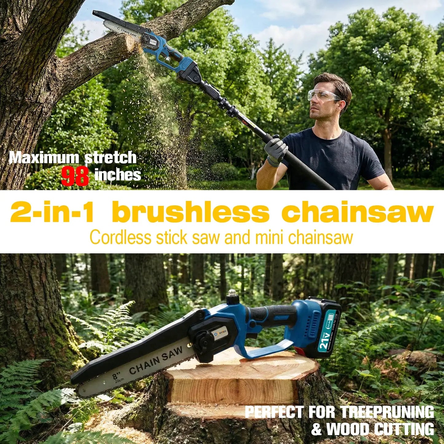 XYSD 2-in-1Cordless Pole Saw&Mini Chainsaw,6"&8"Electric Tree Trimmer with Extension Pole, Handheld Chain Saw for Branch Cutting by Beastly Survival Outlet