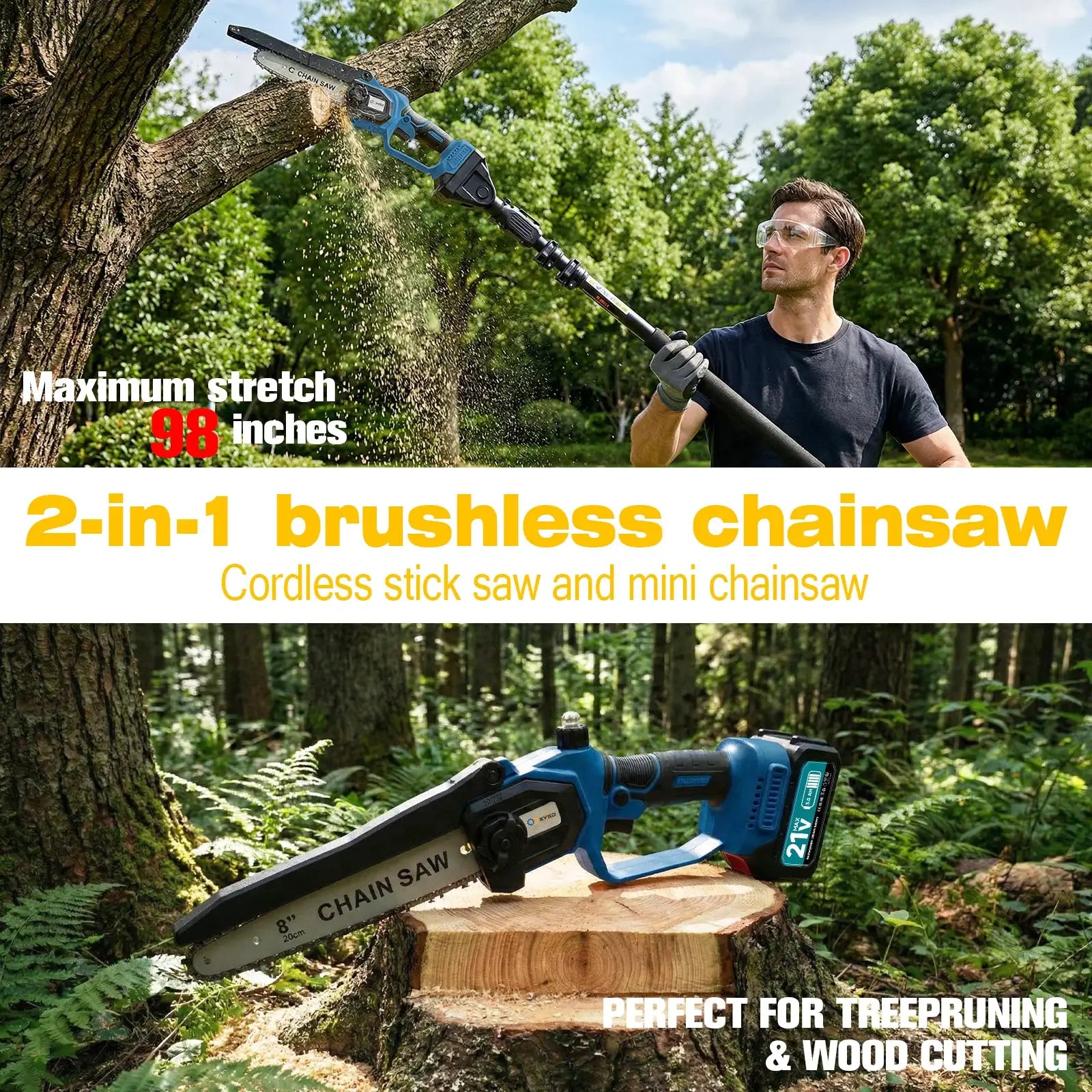 XYSD 2-in-1Cordless Pole Saw&Mini Chainsaw,6"&8"Electric Tree Trimmer with Extension Pole, Handheld Chain Saw for Branch Cutting by Beastly Survival Outlet