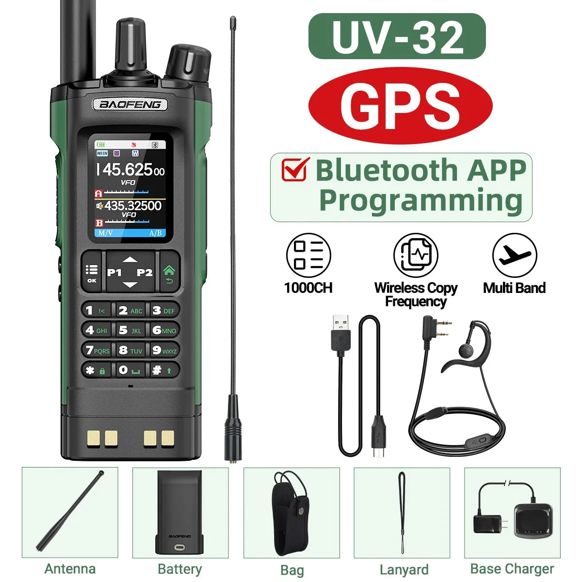 Baofeng UV 32 GPS Walkie Talkie 10W Long Range Bluetooth