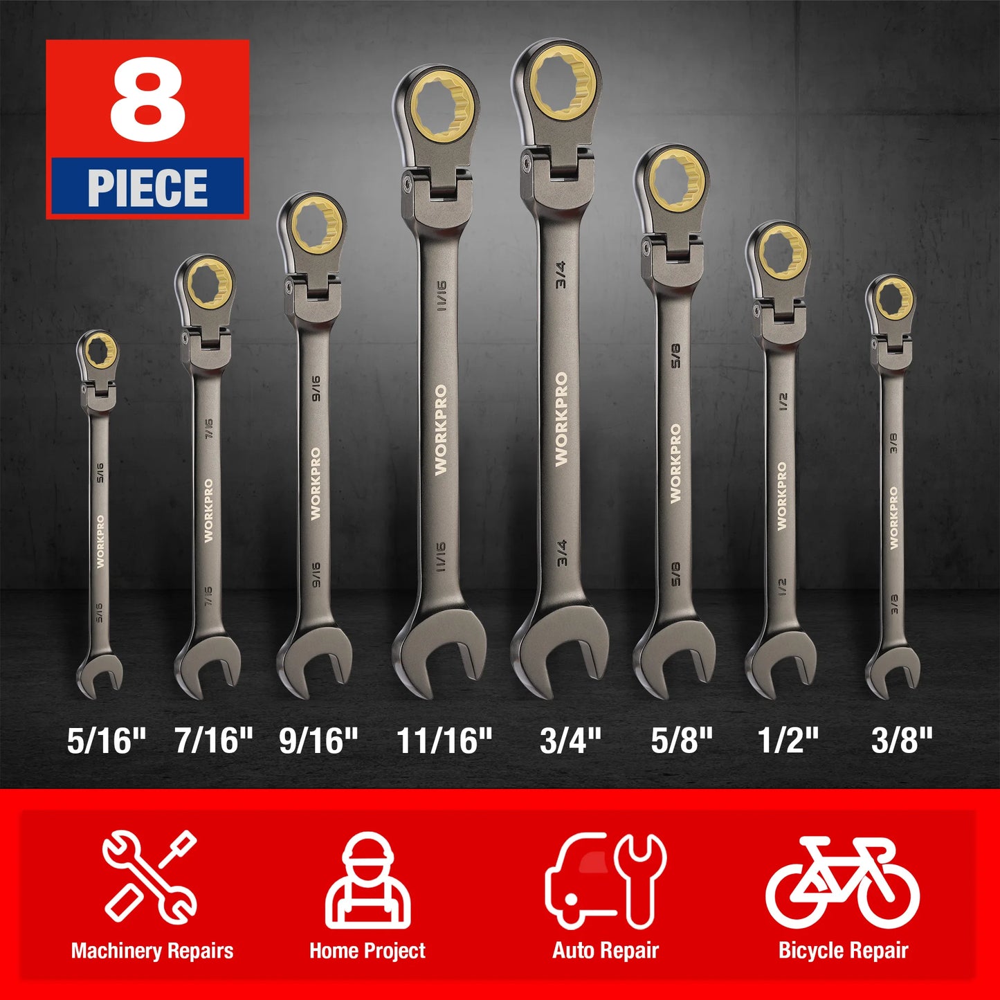 WORKPRO 8pc Flex Head Ratcheting Wrench Set SAE Inch Sizing