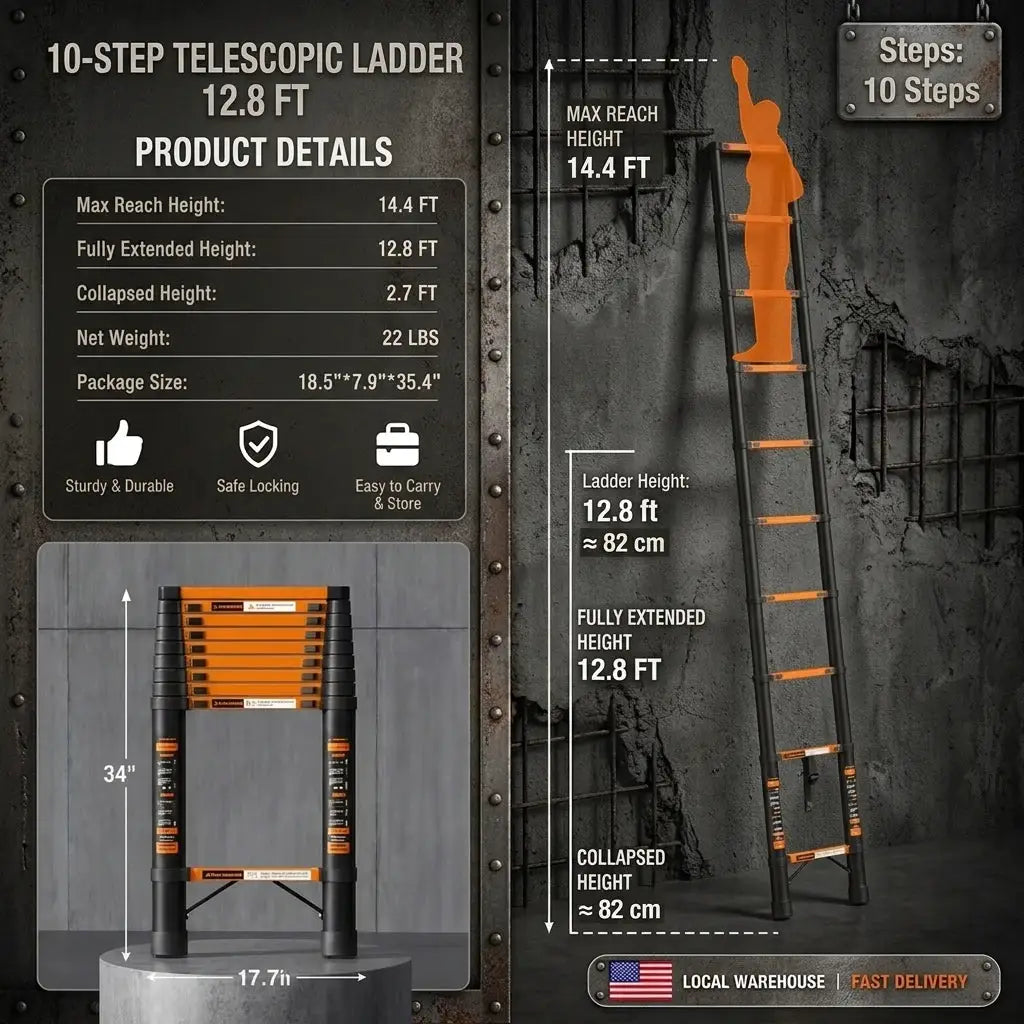 Telescoping Ladder Heavy Duty Compact Extension Ladder with Non Slip Feet Safety Locking Mechanism Portable Stable Retractable Design for Home Maintenance RV Use Outdoor Construction Warehouse Storage Painting Window Cleaning by Beastly Survival Outlet