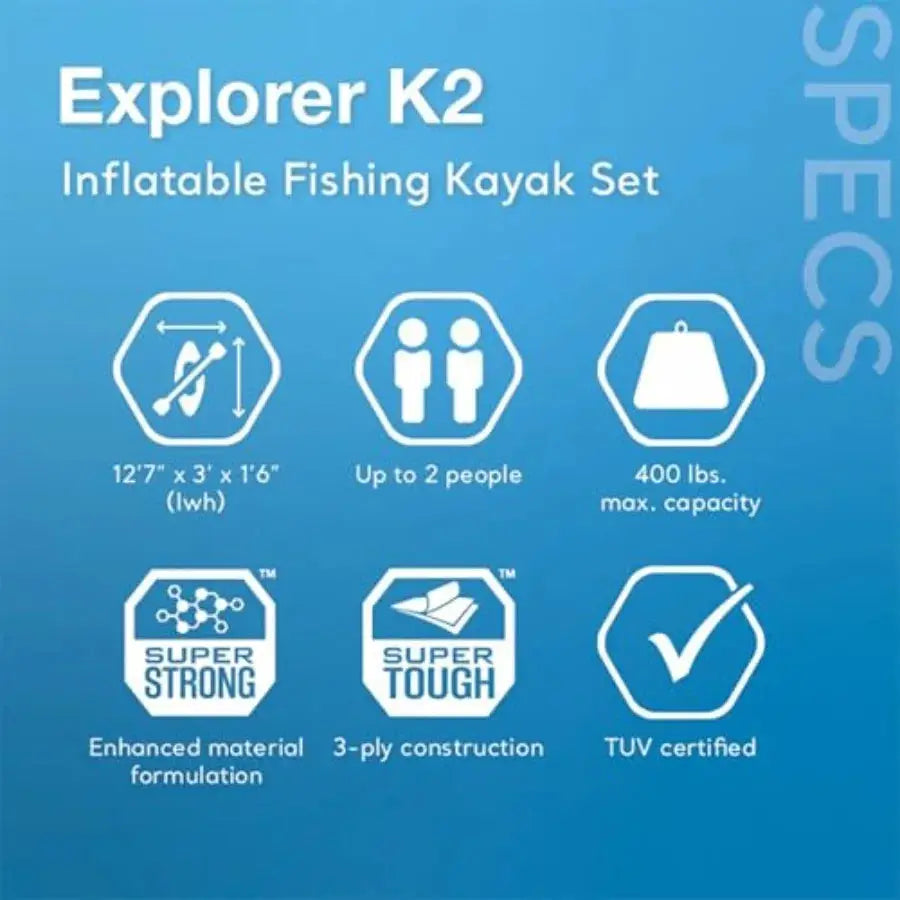 68309EP Excursion Pro K2 Inflatable Kayak Set: 2-Person 400lb Ccity SuperTough PVC Adjustable Bucket Seat Includes Deluxe 86in by Beastly Survival Outlet