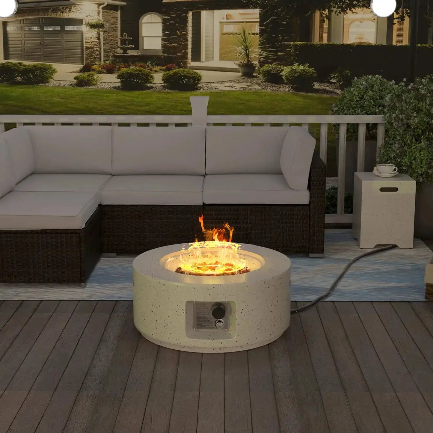 40000 BTU 28in Concrete Propane Fire Pit Table Smokeless Outside with Cover Lava Rocks Garden Deck Backyard, Customized by Beastly Survival Outlet