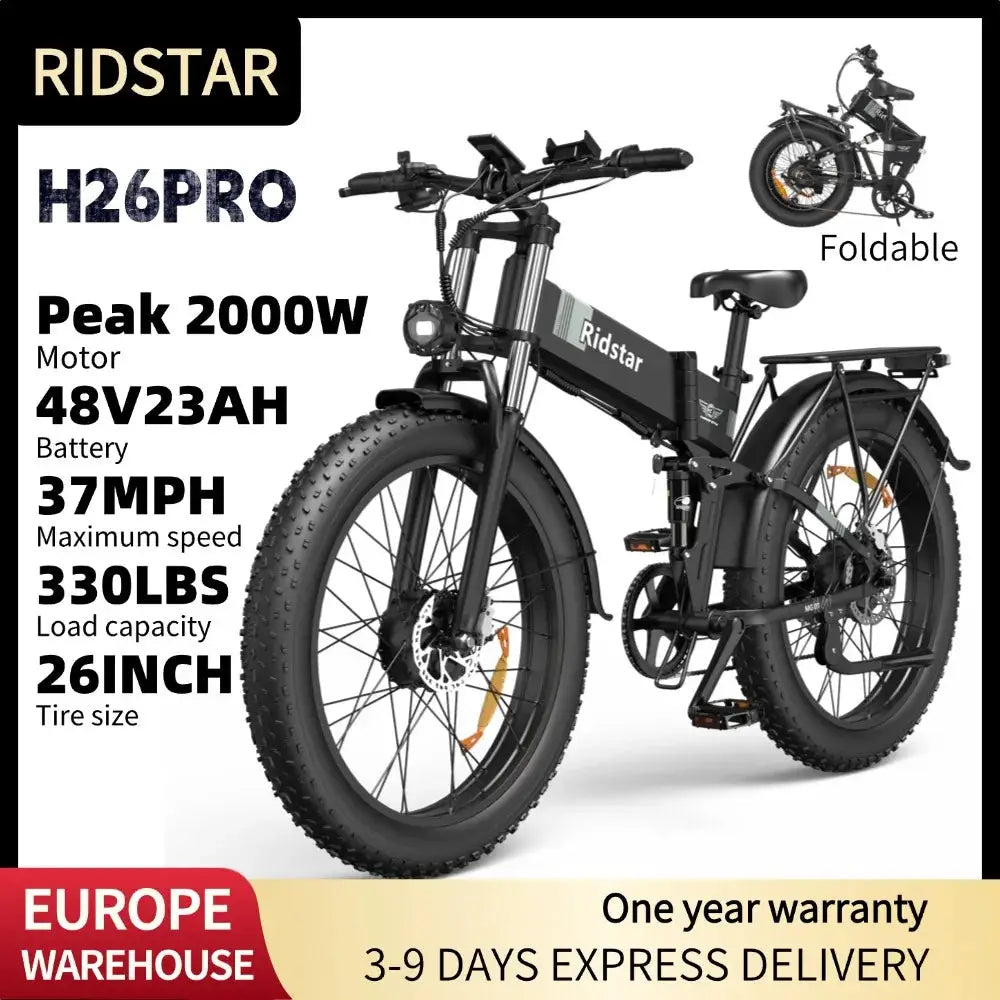 Ridstar H26Pro Folding Electric Bike 2000W 37MPH 48V 23Ah 26" Fat Tire City Commuter E-Bike for Men Women Foldable Bicycle by Beastly Survival Outlet