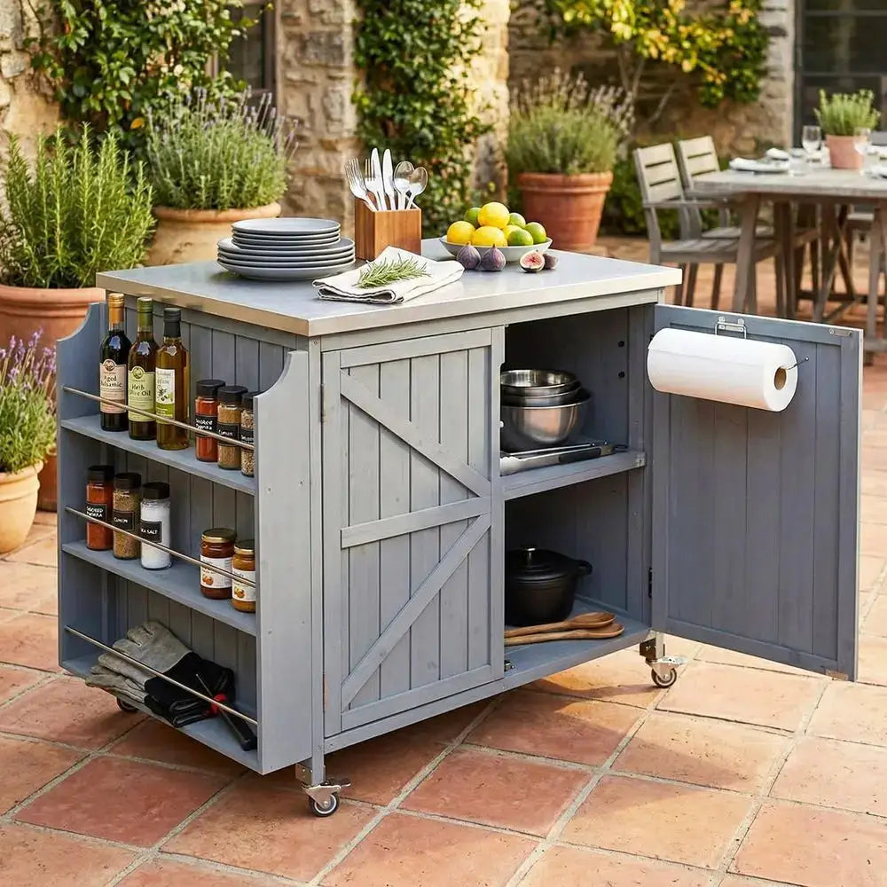 Outdoor Kitchen Island with Adjustable Shelf, Wood Grill Cart, Stainless Steel Top, and Storage Cabinet in Grey Blue by Beastly Survival Outlet