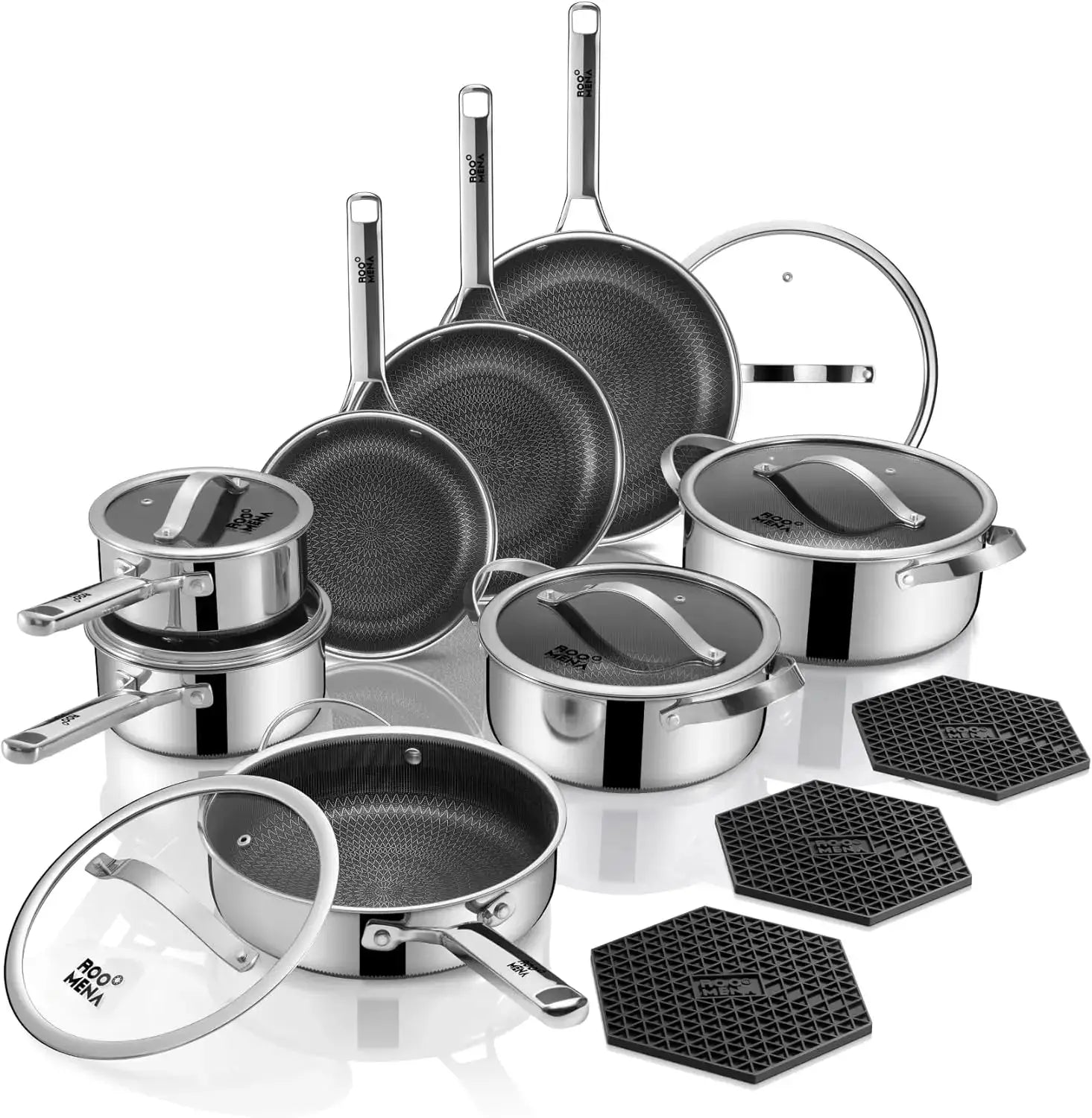 Pots and Pans Set Hybrid Stainless Steel 17PC Nonstick Tri Ply Cookware Set w Frying pan Dishwasher Oven Safe PFOA Free Metal by Beastly Survival Outlet