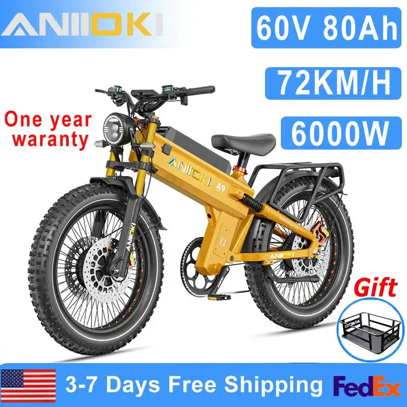 ANIIOKI Electric Bike adults 6000W Dual Motor 60V 70Ah 80Ah 47mph A9 Pro Max AWD Electric Bicycle Fat Tires 26"*4.8" ebike by Beastly Survival Outlet
