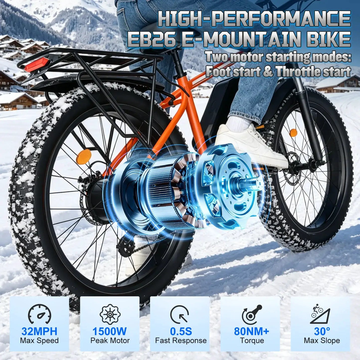 Peak 1500W Electric Bicycle 48V 15Ah Battery 32mph E-Bike 26 Inch Off-Road Tires Mountain Ebike Snowmobile Bike by Beastly Survival Outlet