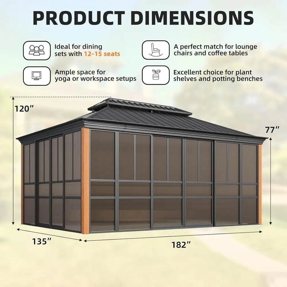 12x16 Hardtop Enclosed Outdoor Gazebo With Sliding Door Roof