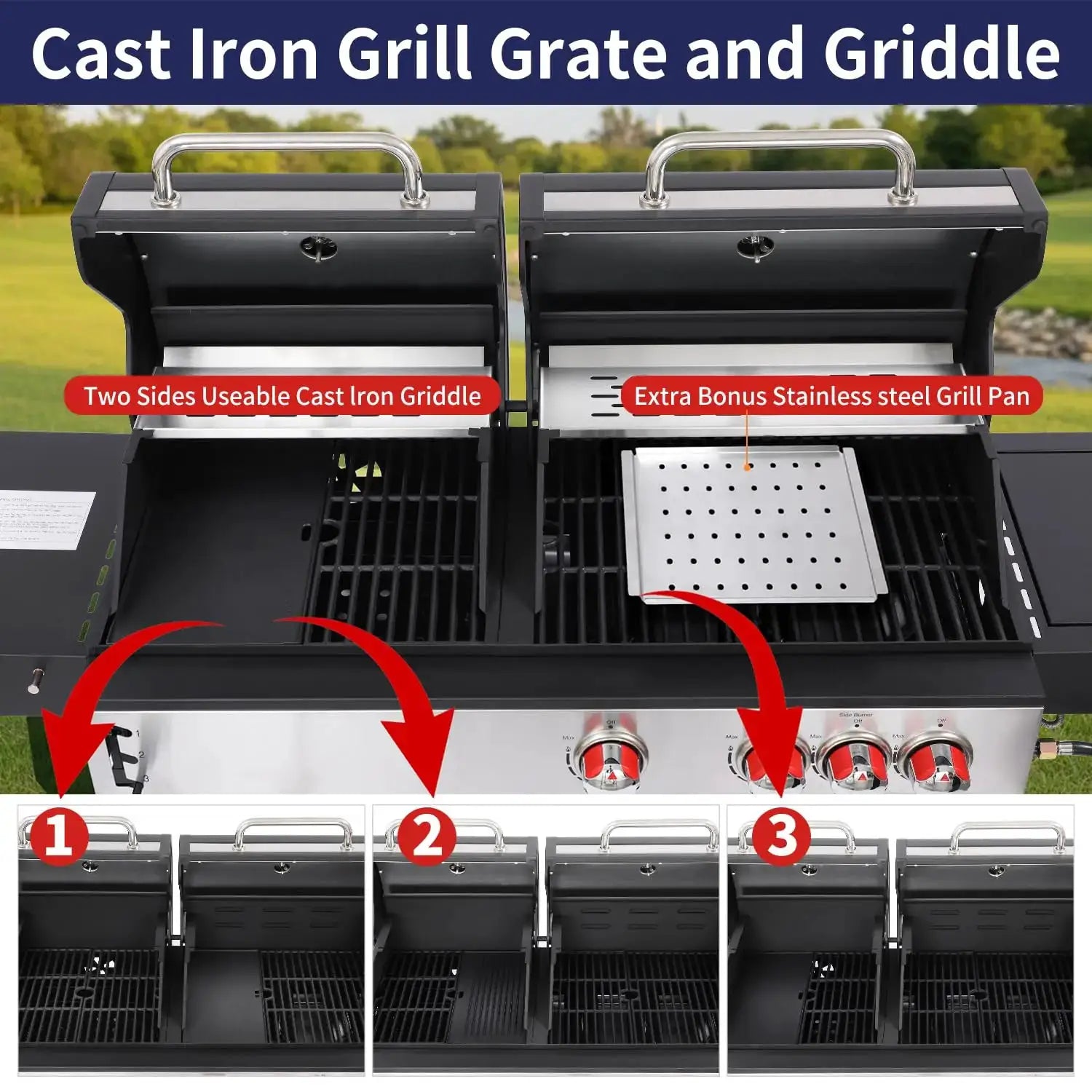Charcoal and 3-Burner Propane Gas Grill Combo with Side Burner & Porcelain-Enameled Cast Iron Grate, Dual Fuel BBQ, Customized by Beastly Survival Outlet