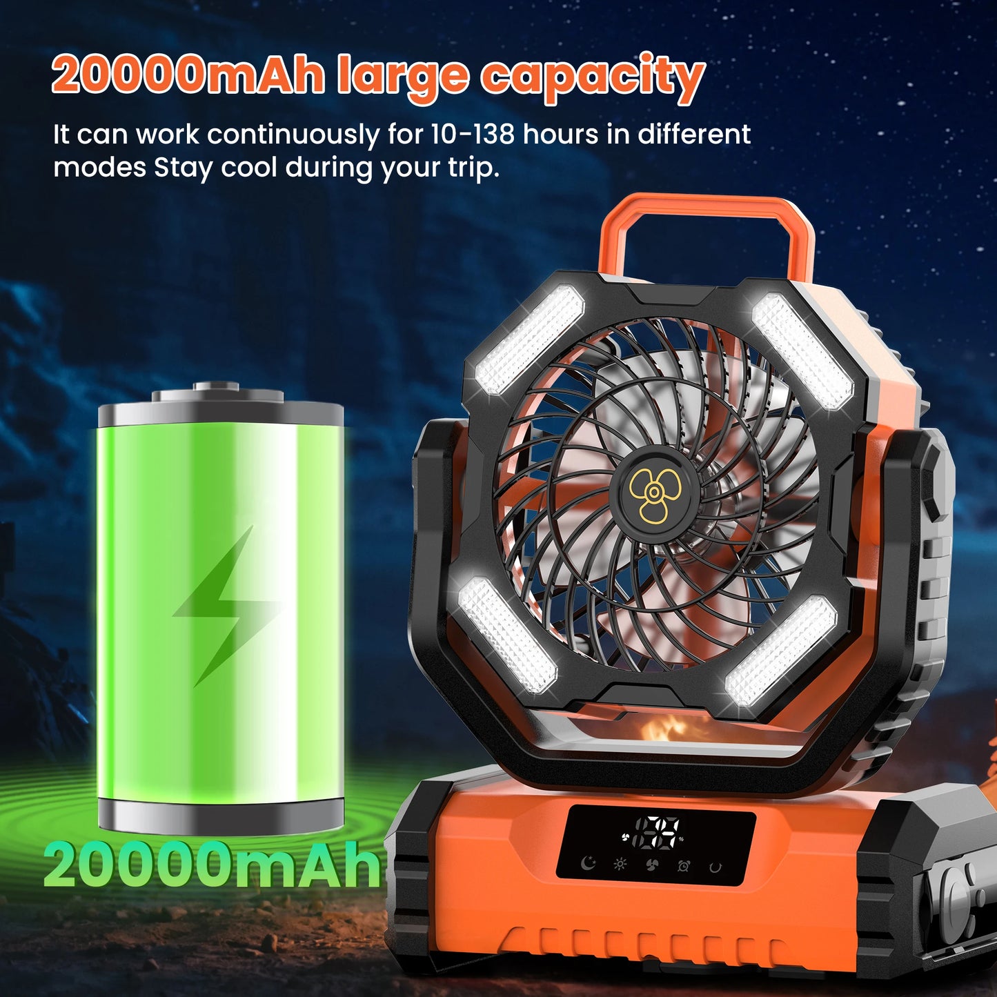 2025 New 20000mAh Portable LED Camping Fan with Touch Control