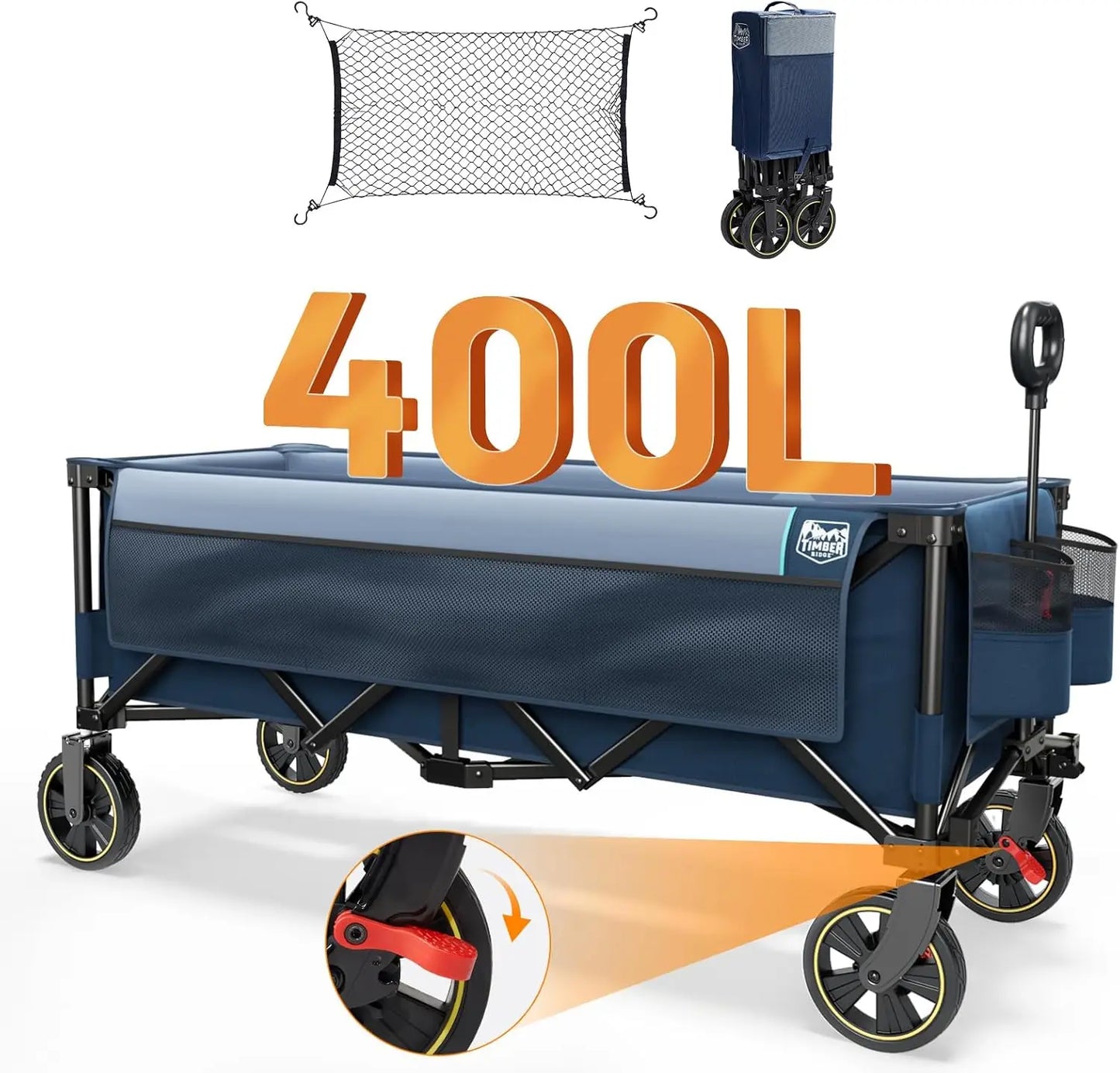 Extended Collapsible Wagon With Brakes And Cargo Net 350Lbs
