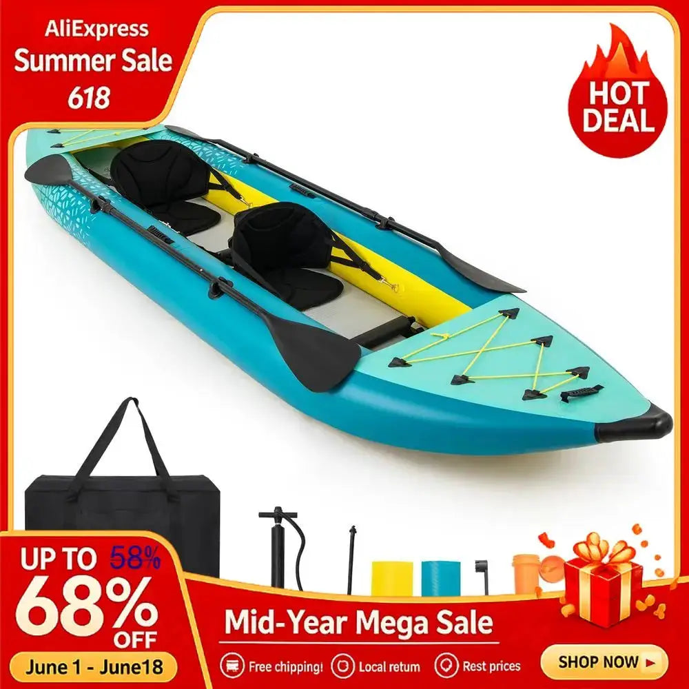 Inflatable Kayak, 12.5Ft 507lbs Tandem Kayak With 2 Aluminum Paddles, 2 Padded Seats, Footrests, 2 Fins, Hand Pump, Custom by Beastly Survival Outlet