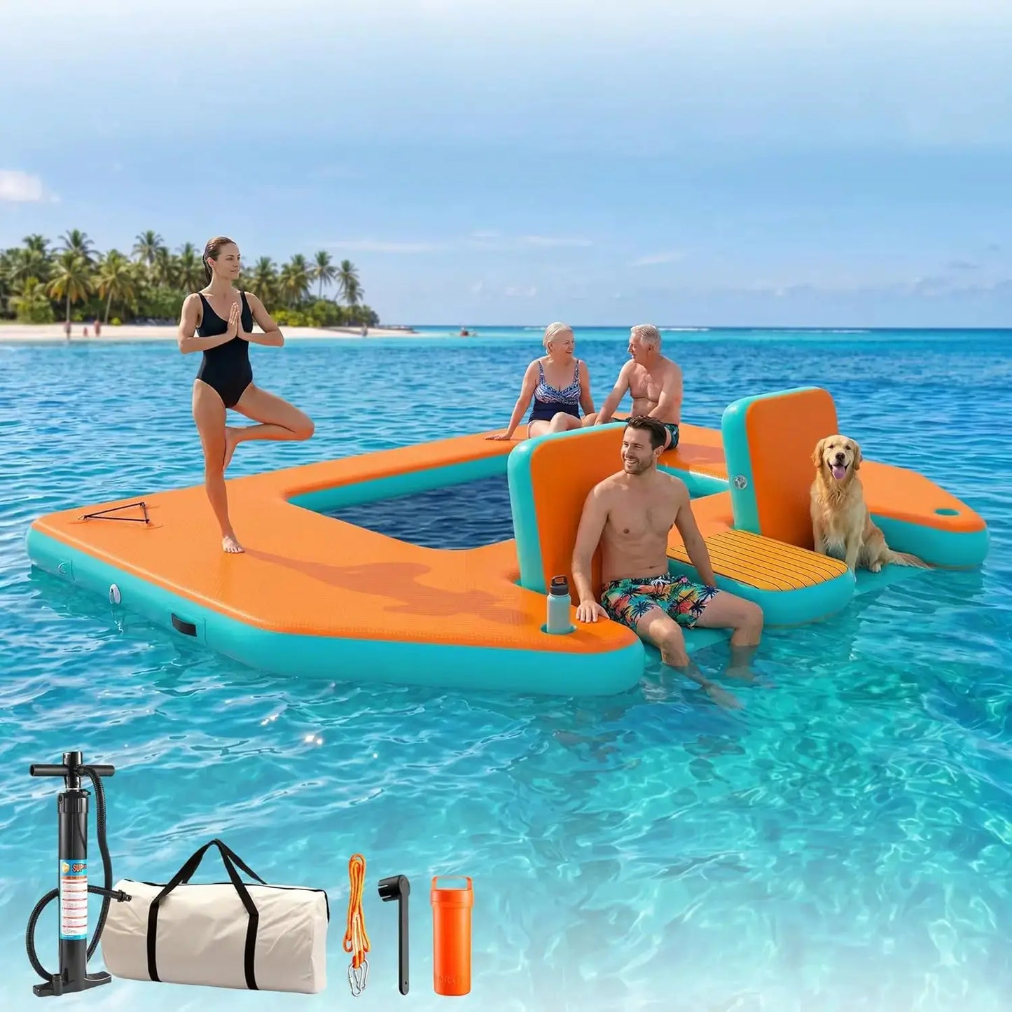 Large Inflatable Floating Dock, Inflatable Water Platform Mat with Chairs, 12x8FT Heavy Duty Lake Raft Pool Float, Custom by Beastly Survival Outlet