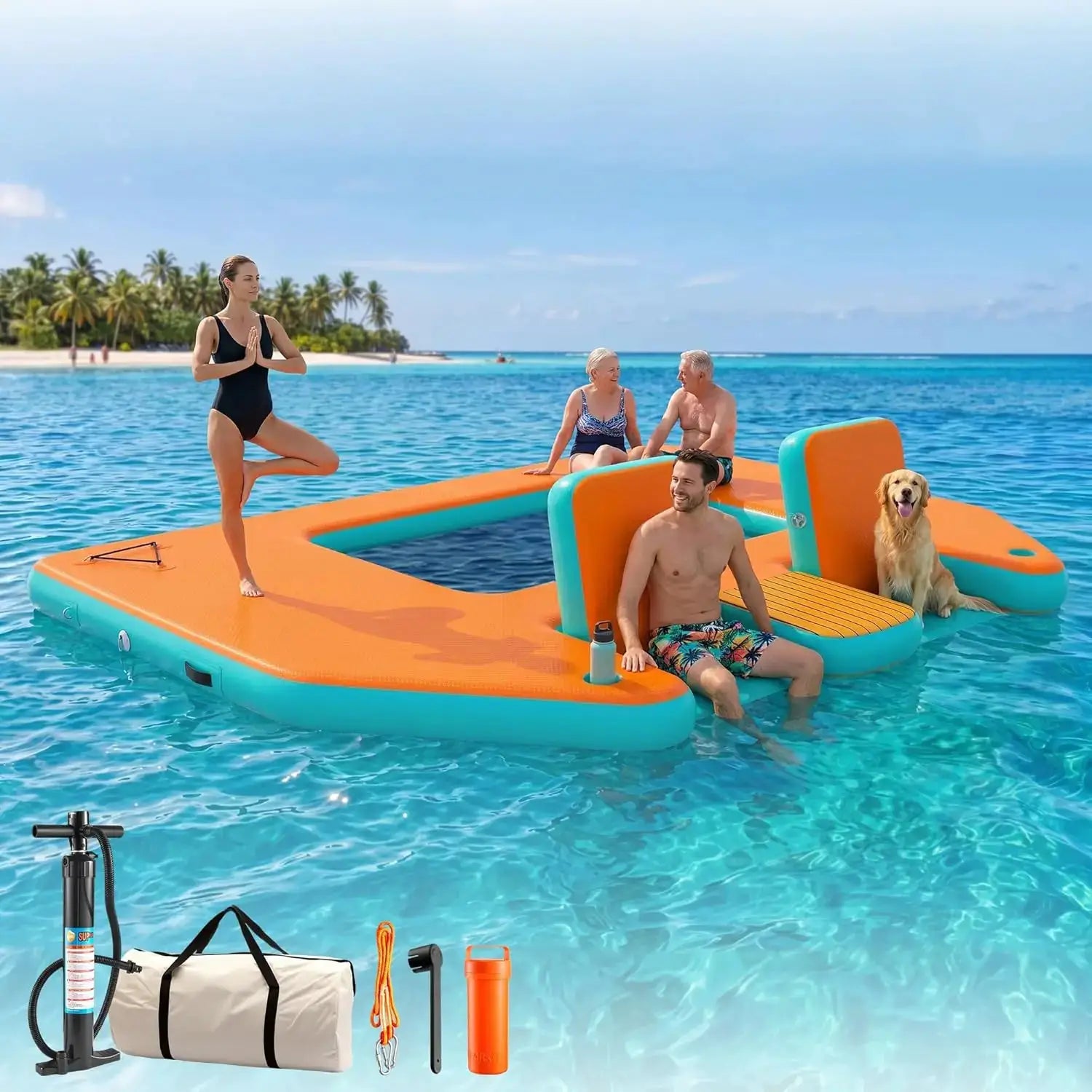 Large Inflatable Floating Dock, Inflatable Water Platform Mat with Chairs, 12x8FT Heavy Duty Lake Raft Pool Float, Custom by Beastly Survival Outlet