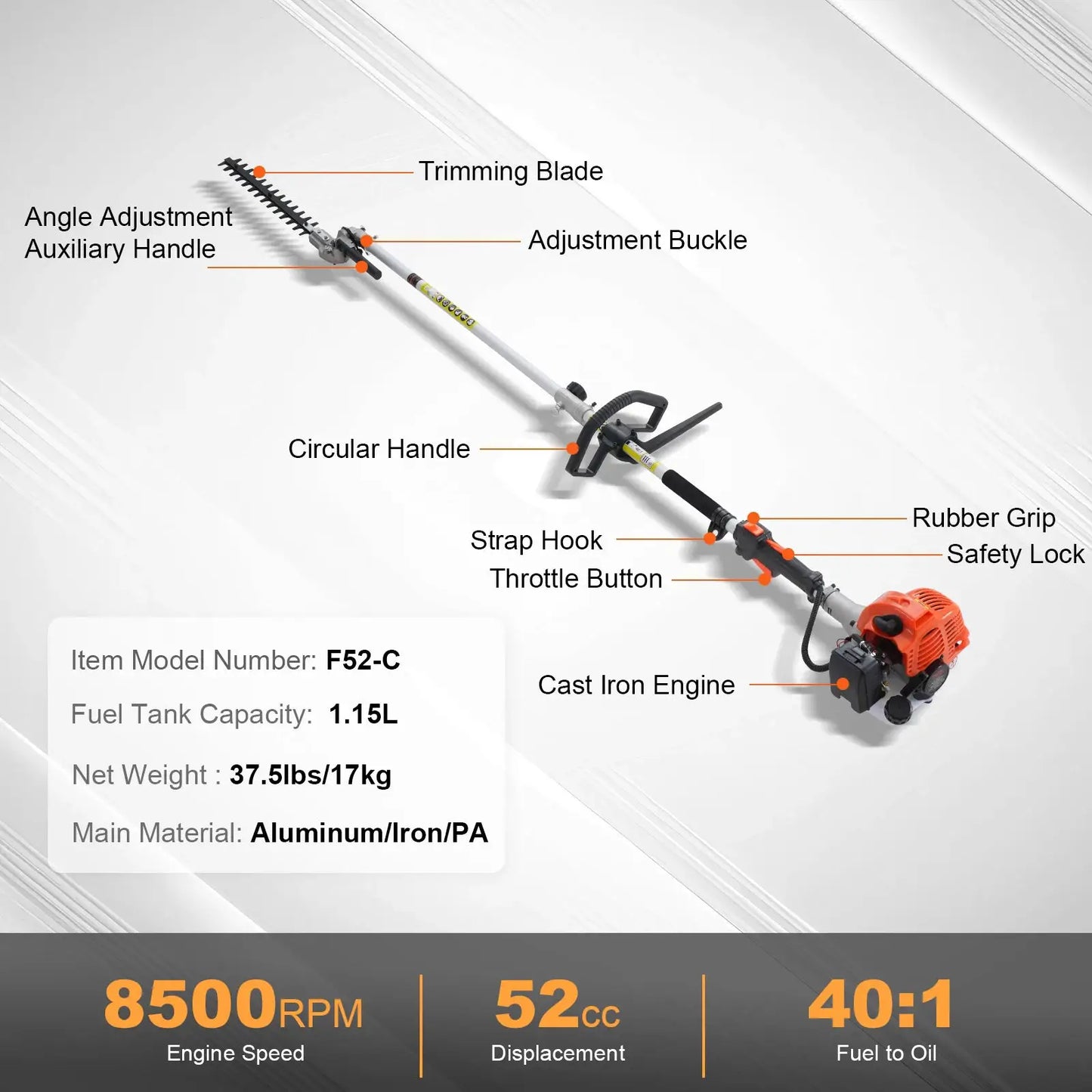 SucceBuy 52CC 6-in-1 MultiFunctional Trimming Tools Gas Hedge Trimmer Weed Eater String Trimmer Brush Cutter Edger Pole Chainsaw by Beastly Survival Outlet