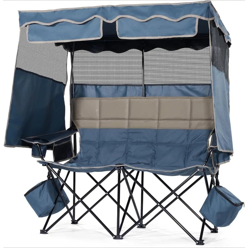 Double Beach Chair With Canopy Shade Folding Loveseat