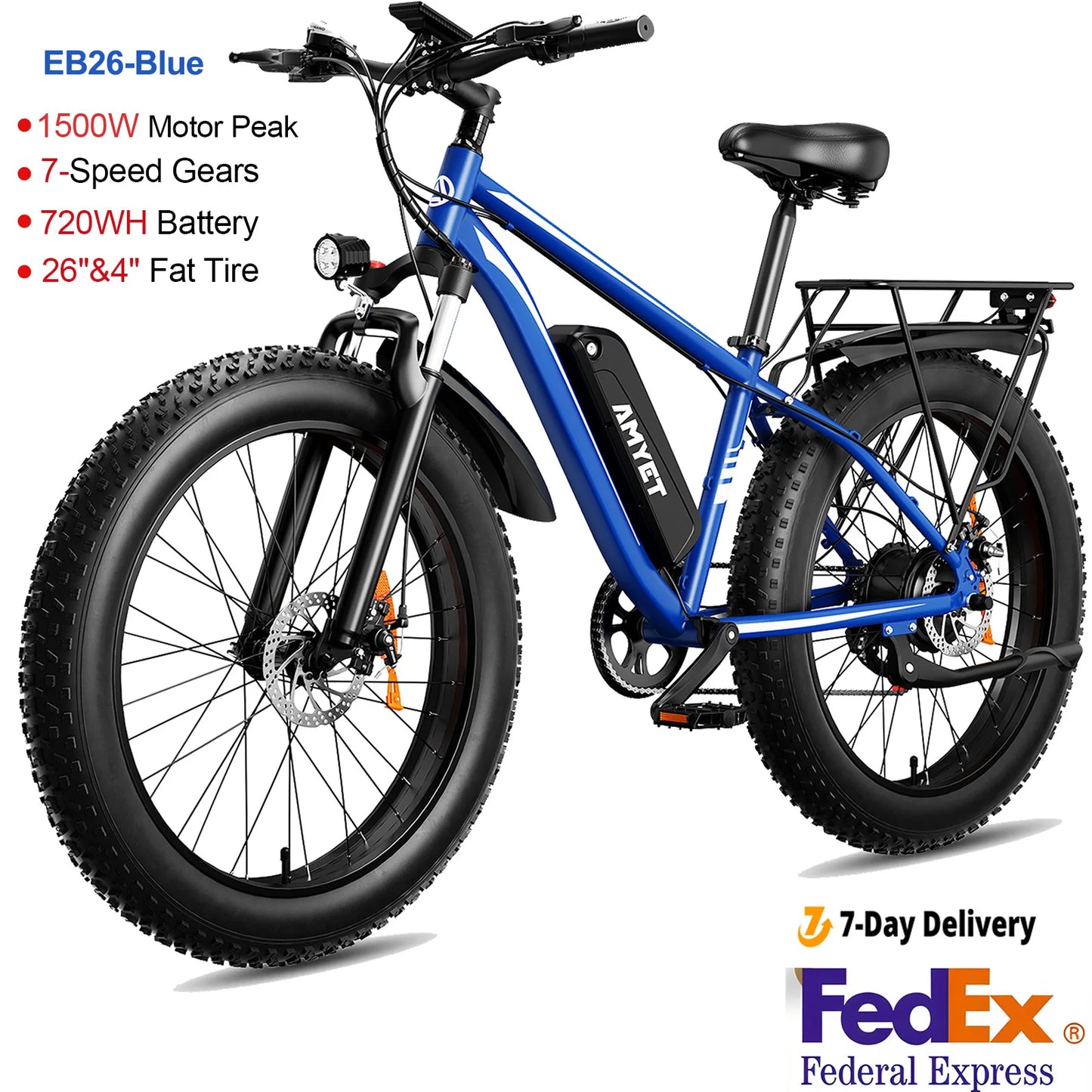 Amyet EB26 Fat Tire Electric Bike 28MPH 1500W Blue Mountains by Beastly Survival Outlet