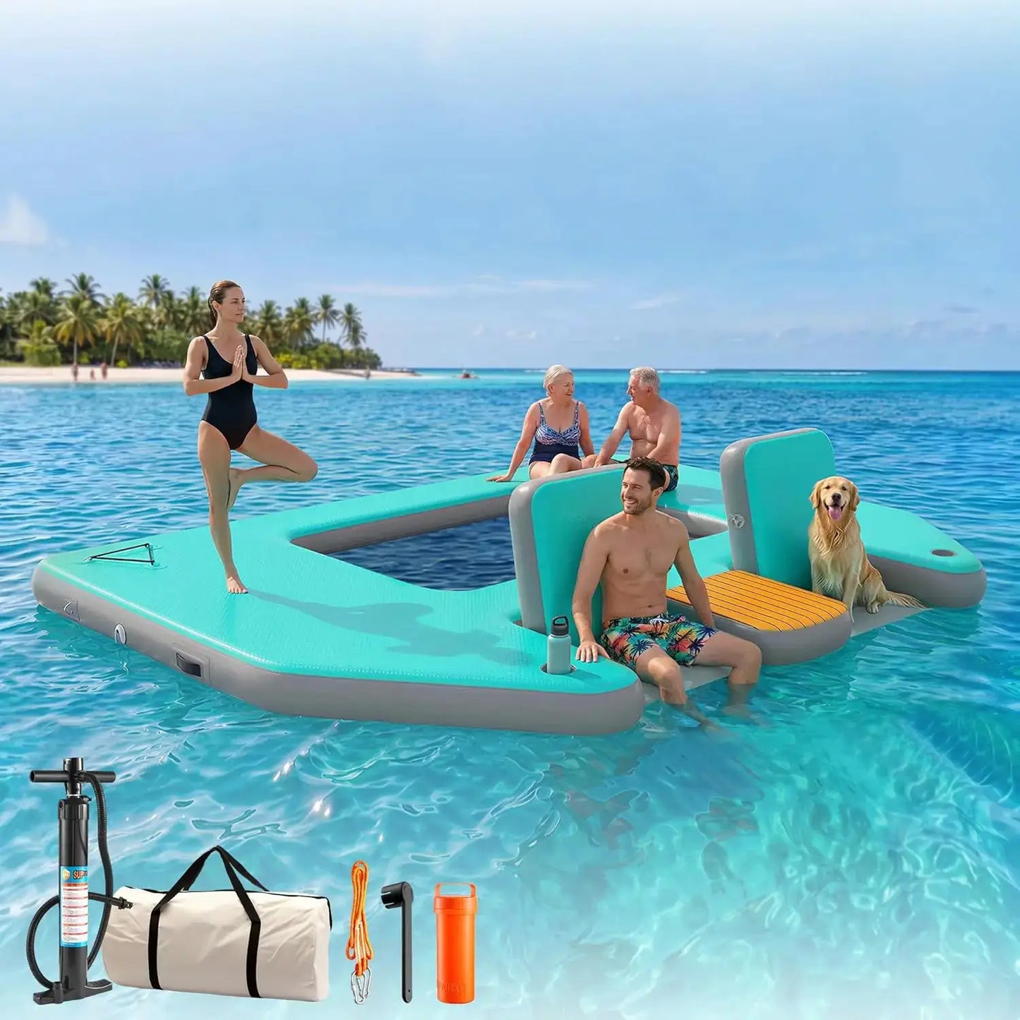 Large Inflatable Floating Dock, Inflatable Water Platform Mat with Chairs, 12x8FT Heavy Duty Lake Raft Pool Float, Custom by Beastly Survival Outlet