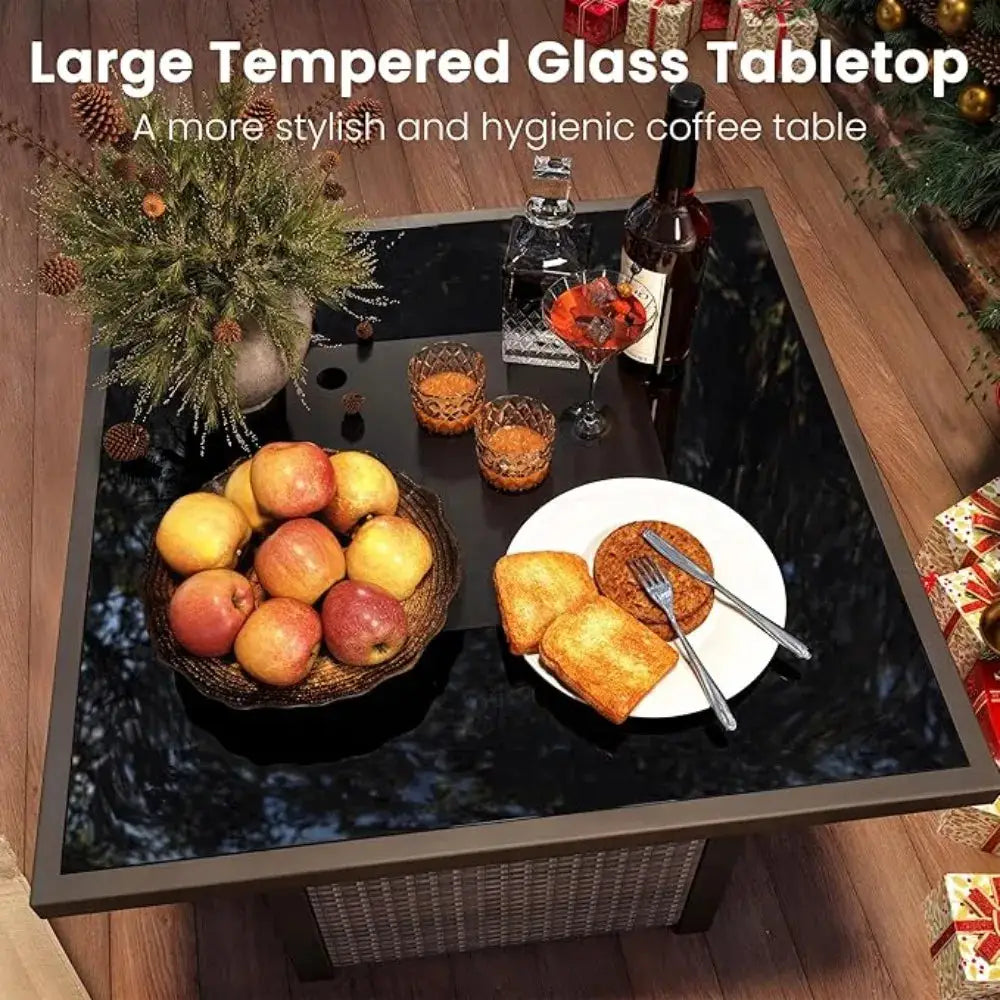 Propane Fire Pit Table, Outdoor Fire Pit Table, 28" Rattan Square Outdoor Gas Fire Pit with Glass Wind Guard by Beastly Survival Outlet