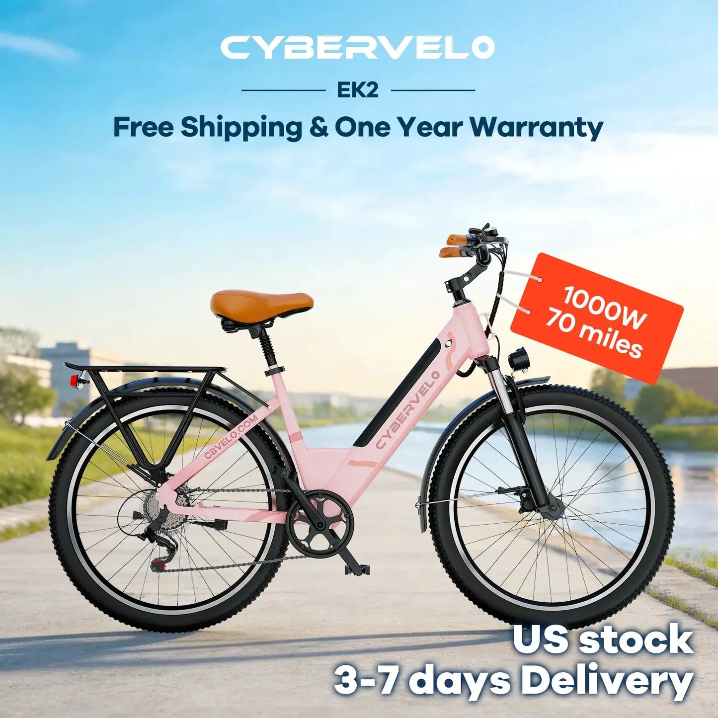 Cybervelo 1000W Peak 26" Electric Bike Adults 80Miles Removable Battery 7-Speed Ebike Beach Snow Commute E Bicycle for Men Women EK2 by Beastly Survival Outlet