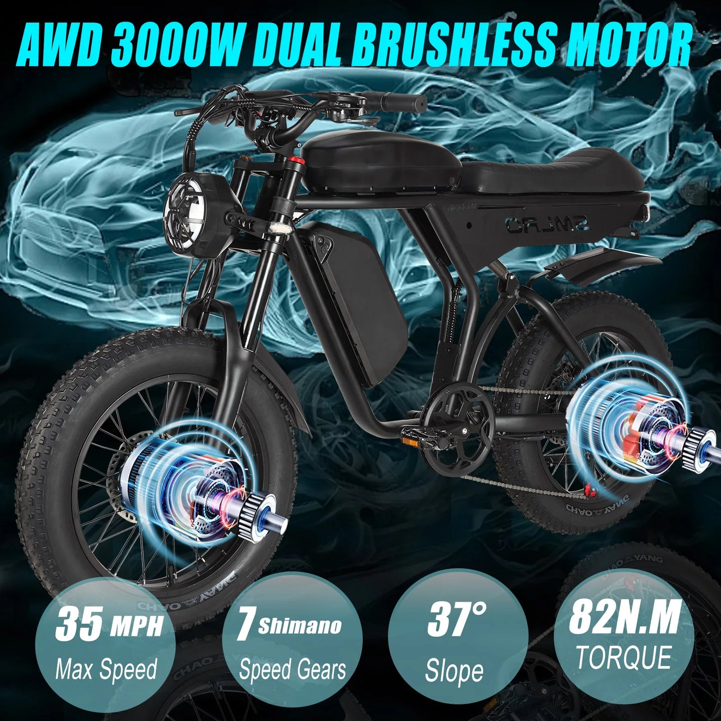 3000W Dual Motor Electric Bike with Shimano 7 Speed and Brakes