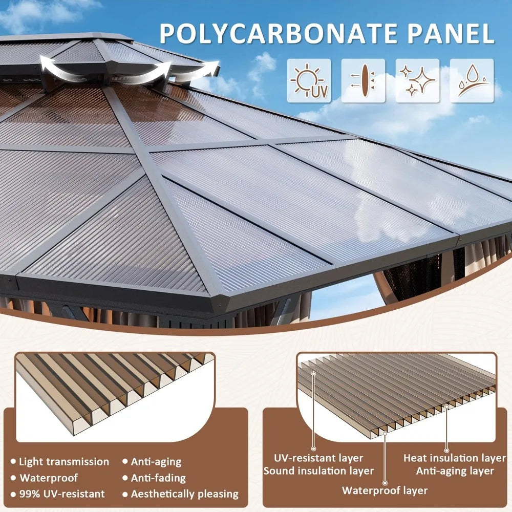 10x12 Hardtop Gazebo With Polycarbonate Roofing And Curtains