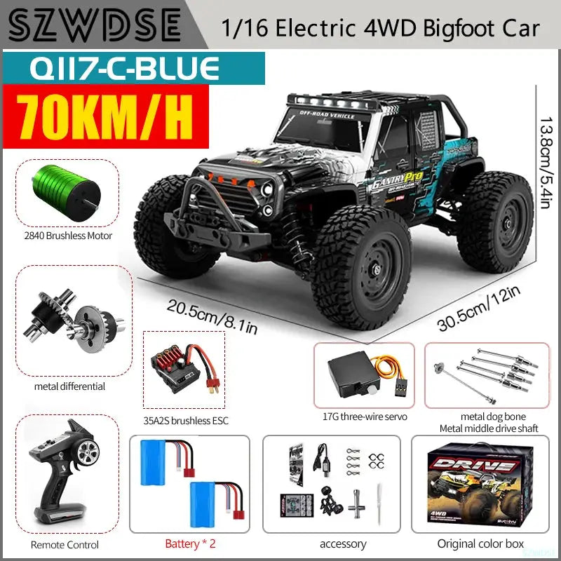 Wltoys Q117 1/16 RC Car 4WD Remote Control Car LED Headlights Brushless 70KM/H 2.4G High Speed Off-Road Drift Toys for Children by Beastly Survival Outlet