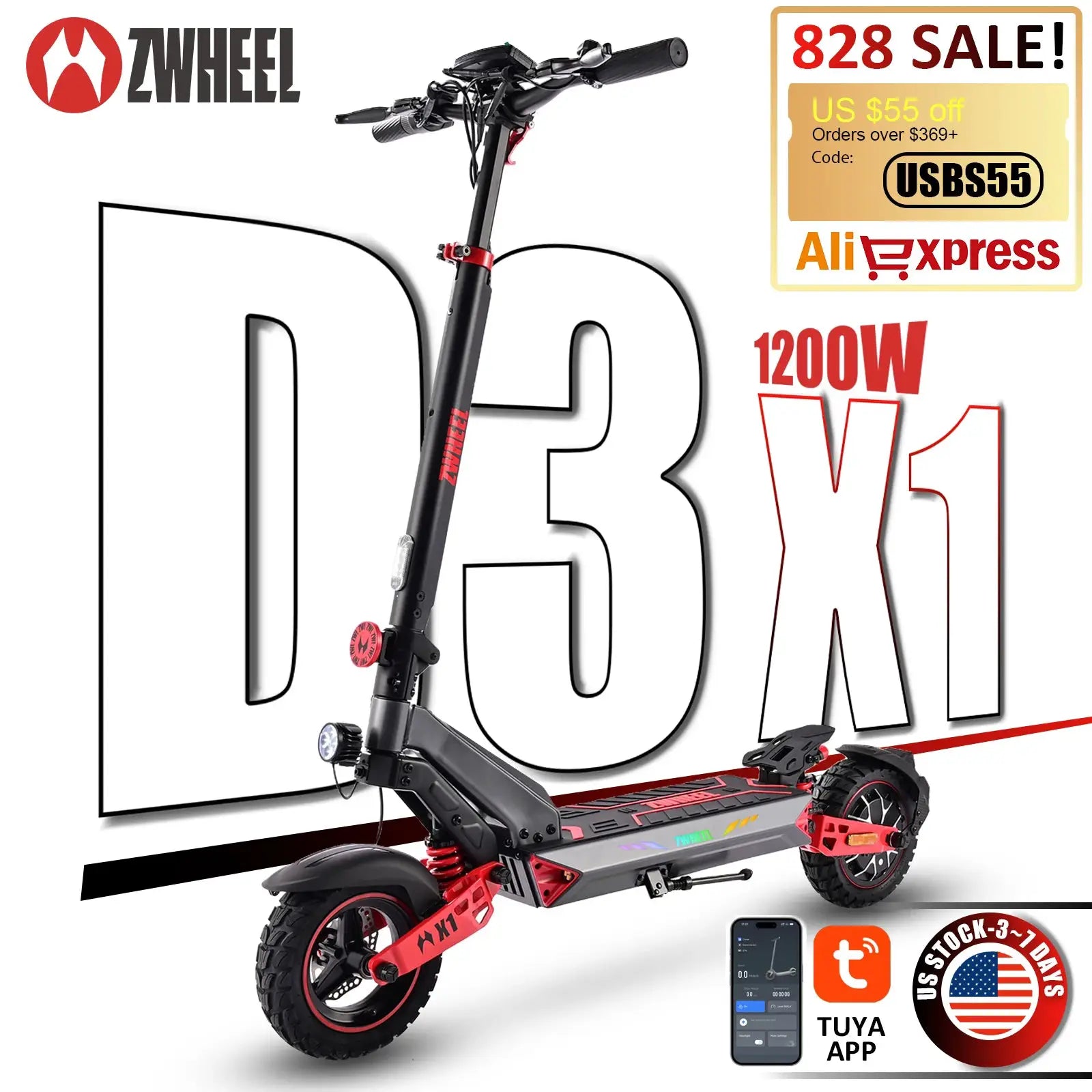 ZWHEEL D3 Electric Scooter 1200W Rear Single Motor Max Speed 32MPH Max Range 34 Miles 720Wh Battery 10''Off-Road Tires Dual-Side Shock Absorbing Arm System 4 Usage Modes Bluetooth Lock Location Search Daily Commuting Ecooter by Beastly Survival Outlet