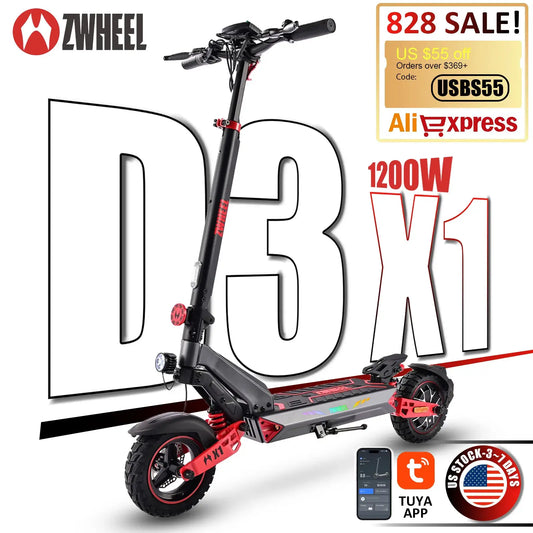 ZWHEEL D3 Electric Scooter 1200W Rear Single Motor Max Speed 32MPH Max Range 34 Miles 720Wh Battery 10''Off-Road Tires Dual-Side Shock Absorbing Arm System 4 Usage Modes Bluetooth Lock Location Search Daily Commuting Ecooter by Beastly Survival Outlet