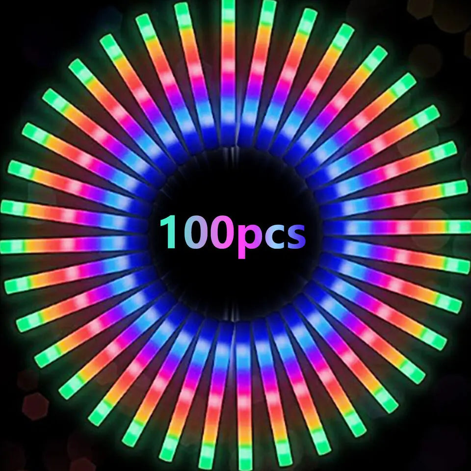 LED Glow Foam Sticks 100 Colorful RGB Light Party Tubes Pack