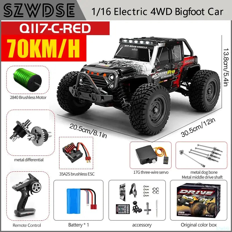Wltoys Q117 1/16 RC Car 4WD Remote Control Car LED Headlights Brushless 70KM/H 2.4G High Speed Off-Road Drift Toys for Children by Beastly Survival Outlet