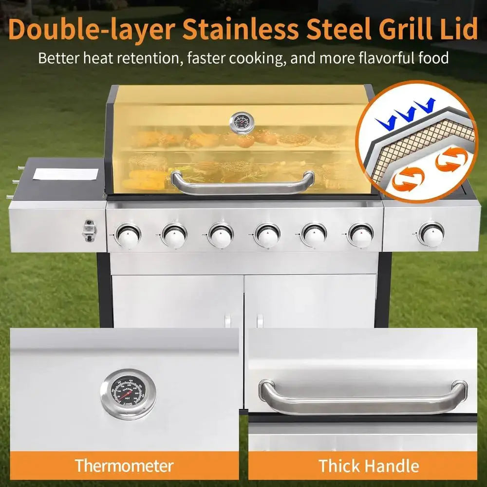 Large 6-Burner Propane Gas Grill with Side Burner, Cast Iron Grates, Plate, Lid, Warming Rack, 620 Sq. In. Cooking Area for Back by Beastly Survival Outlet