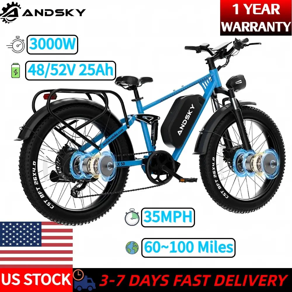 ANDSKY Apex 50 Electric Bicycle 3000W Dual-motor Power 35MPH Top Speed 48V/52V 25Ah Electric Bike Adults 26"x4" All Terrain Fat Tire Full Suspension Hydraulic Brakes City E-bike with 7-Speed Derailleur Gears by Beastly Survival Outlet