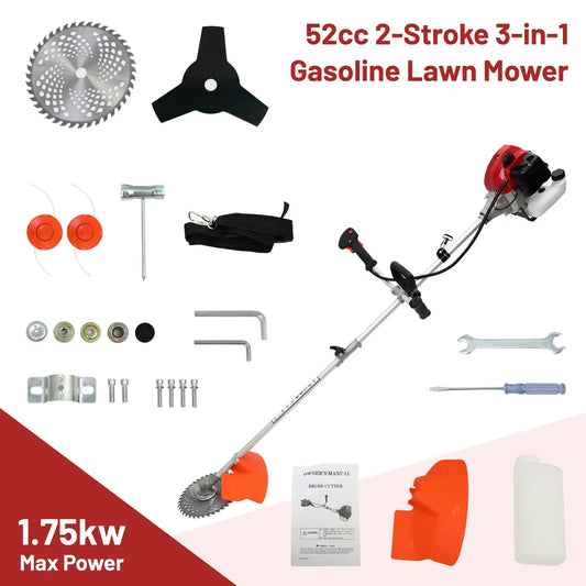 52cc 2-Stroke Gasoline Lawn Mower Gas String Trimmer 3-in-1 Adjustable Handheld Weed Eater with 4 Detachable Trimmer Heads by Beastly Survival Outlet