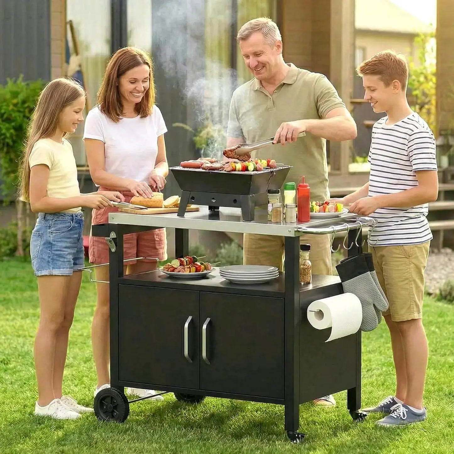Outdoor Grill Cart with Storage Cabinet, XL Outdoor Kitchen Island with Stainless Steel Top, Outdoor Grill Station w/ 4 Wheels by Beastly Survival Outlet