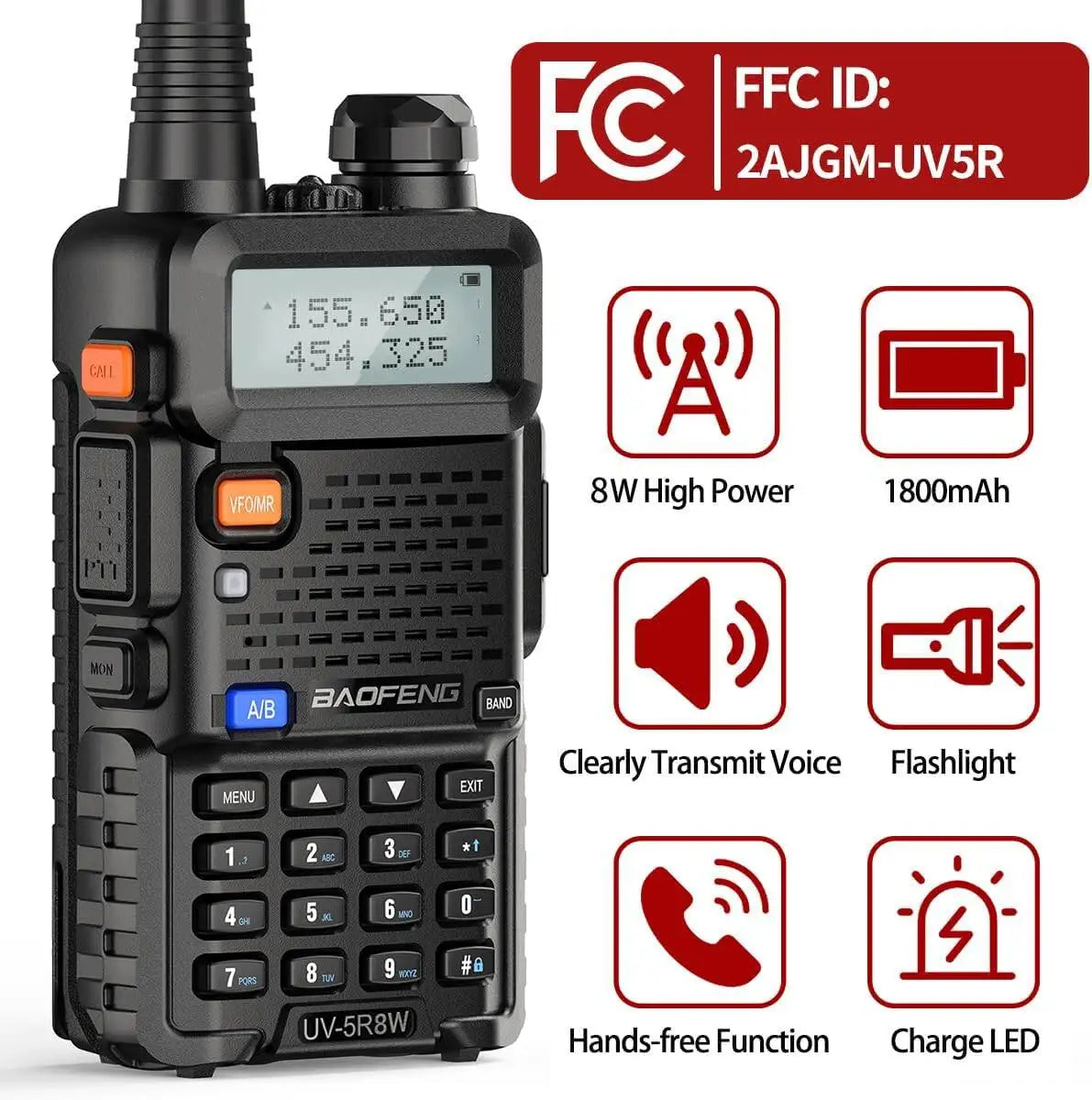 Baofeng UV5R 8W Dual Band Walkie Talkie 1800mAh Ham Radio