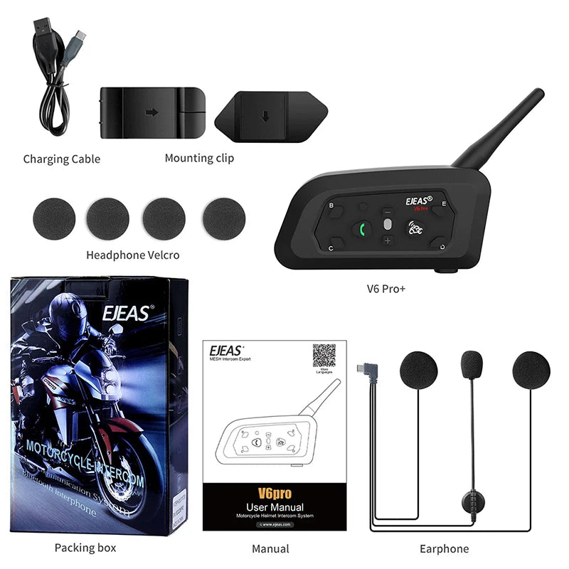 EJEAS V6 PRO+ Motorcycle Intercom Helmet Bluetooth Headset 6 Riders 800m Communicator Waterproof V5.1 Music Player Interphone by Beastly Survival Outlet