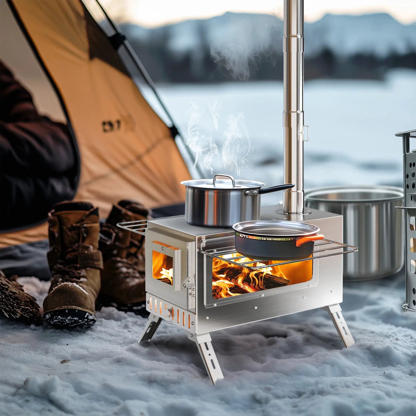 Portable Camping Tent Wood Stove for Outdoor Heating Stainless Steel Hot Tent Stove Burner Stove with 7 Chimney Pipes by Beastly Survival Outlet