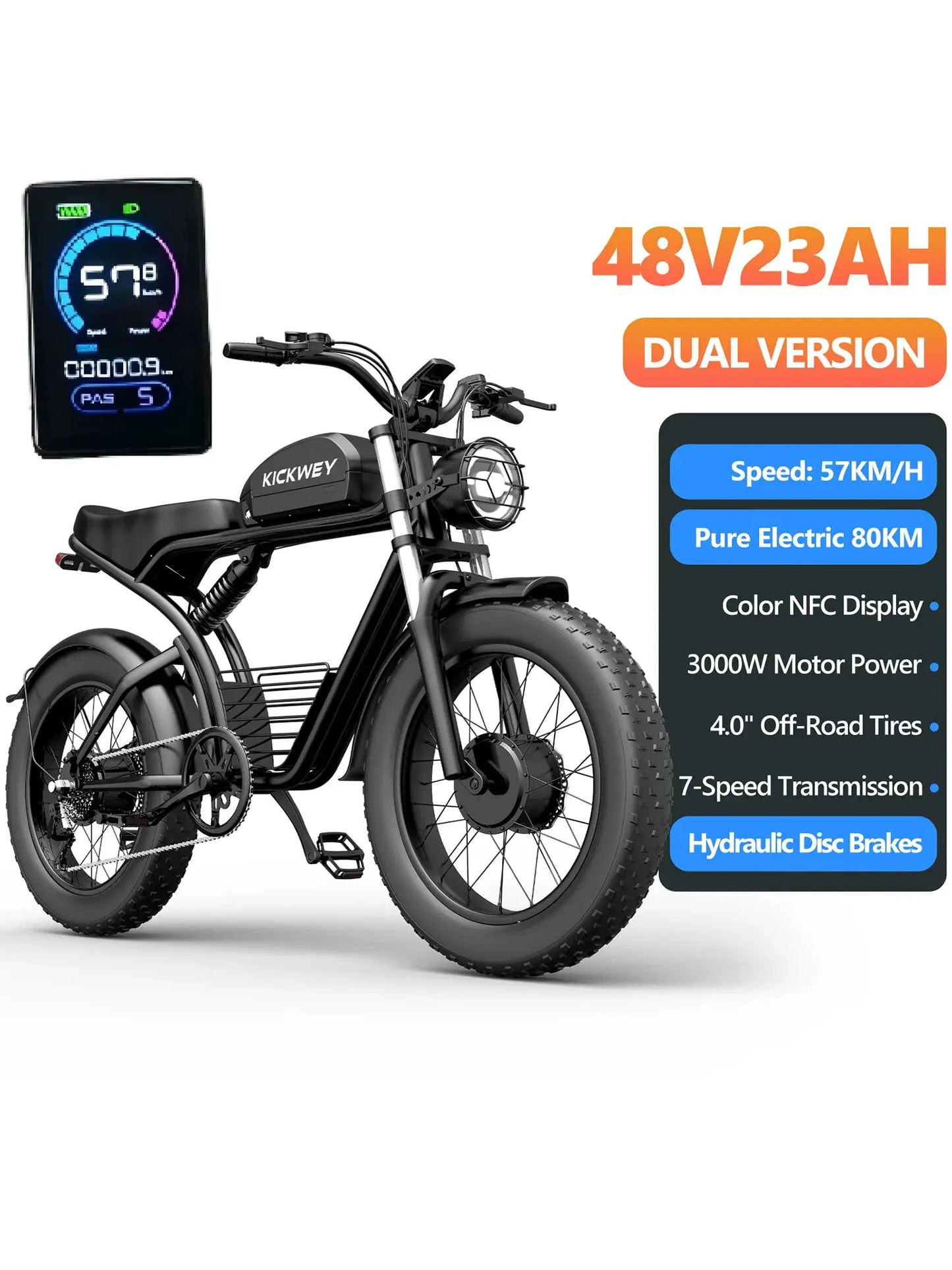 KICKWEY K7 Electric Bike, 3000W Off-Road Electric Bicycle, Full Suspension E-Bike, 20" Fat Tire All-Terrain Electric Dirt Bike by Beastly Survival Outlet