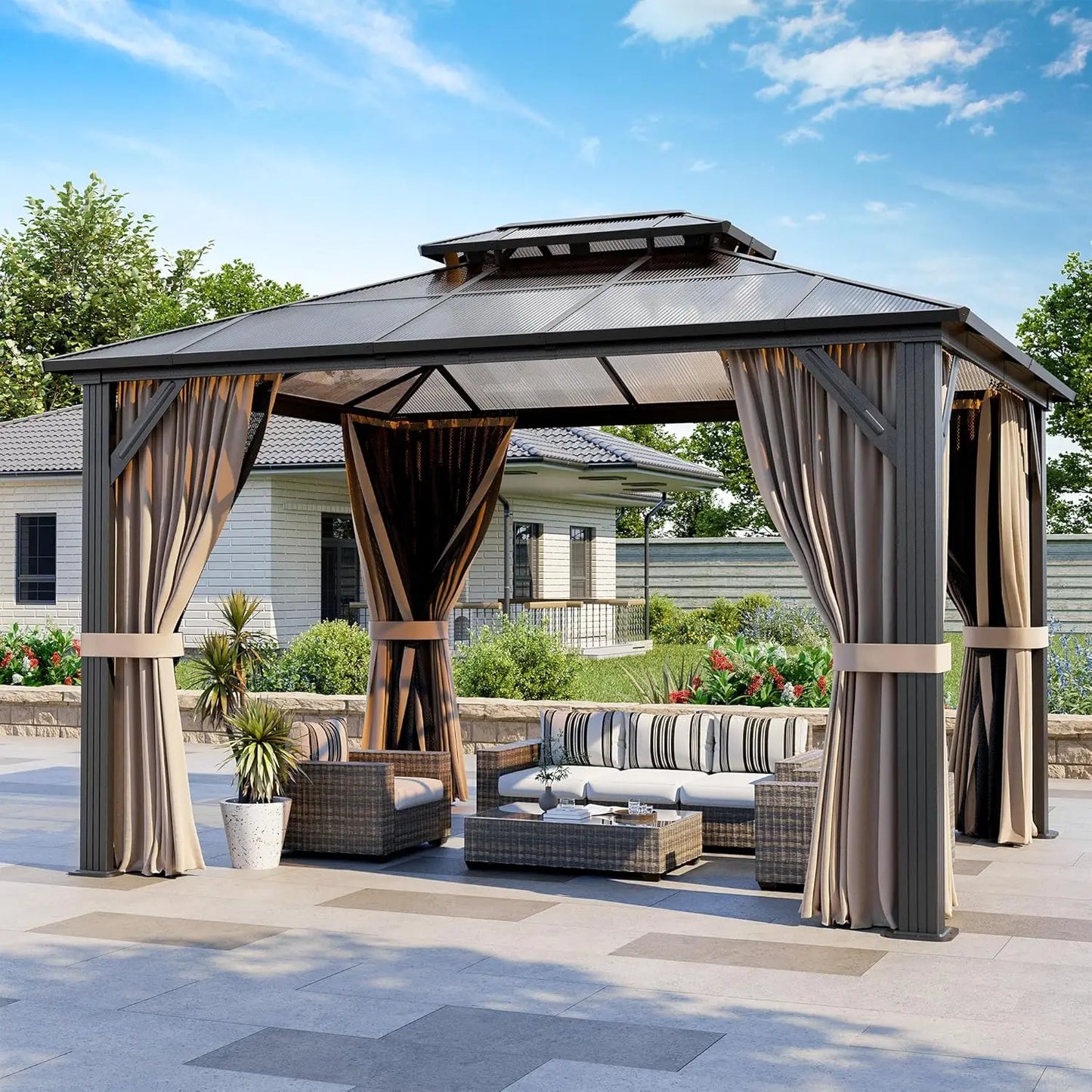 10x12 Hardtop Gazebo With Polycarbonate Roofing And Curtains