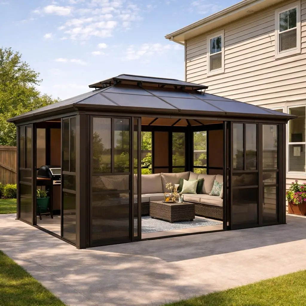 12x16 Hardtop Gazebo With Polycarbonate Roof Plus CurtainsXL