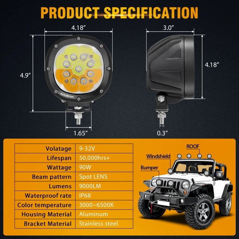 4 Inch 90W Round LED Work Light With White Amber Fog Lamp