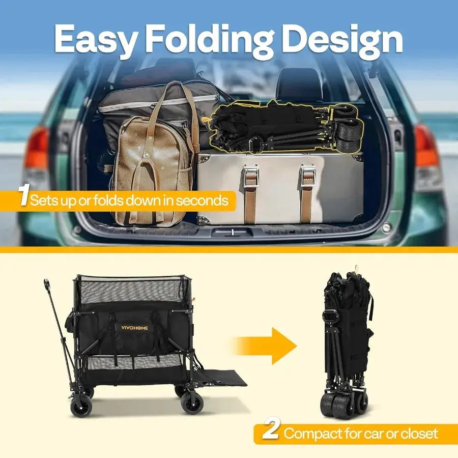 500L Large Capacity Double Decker Collapsible Wagon 500lbs Heavy Duty Utility Folding Cart with Big Wheels 53 Extended for Camp by Beastly Survival Outlet