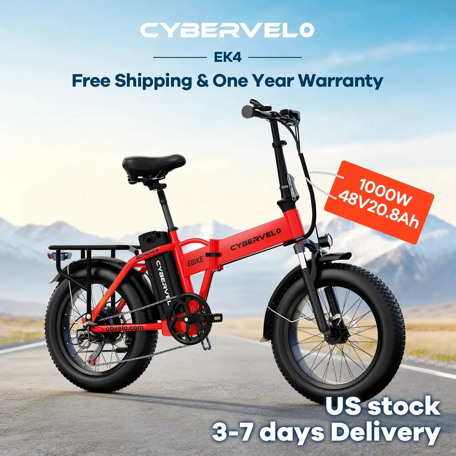 Cybervelo 1000W Peak High-speed Brushless Folding 20 Inch Fat Tire Electric Bike for Adults 48V 20.8Ah/50Ah Removable Battery 80 Miles Range Commuter E-Bicycle EK4 by Beastly Survival Outlet