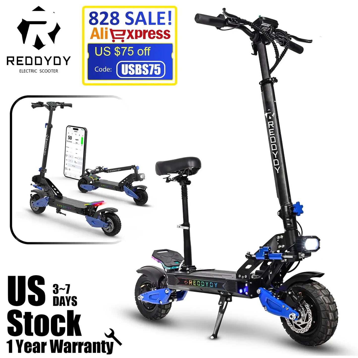 REDDYDY Adult Electric Scooter APP Control 5000W Peak Dual Motors 50MPH Max Speed 55Miles Long Range 60V25Ah Battery Smart Riding 3 Modes NFC Unlocking Dual Hydraulic Disc Brakes Full Suspension 10.5' Tires for Commuting Outd by Beastly Survival Outlet