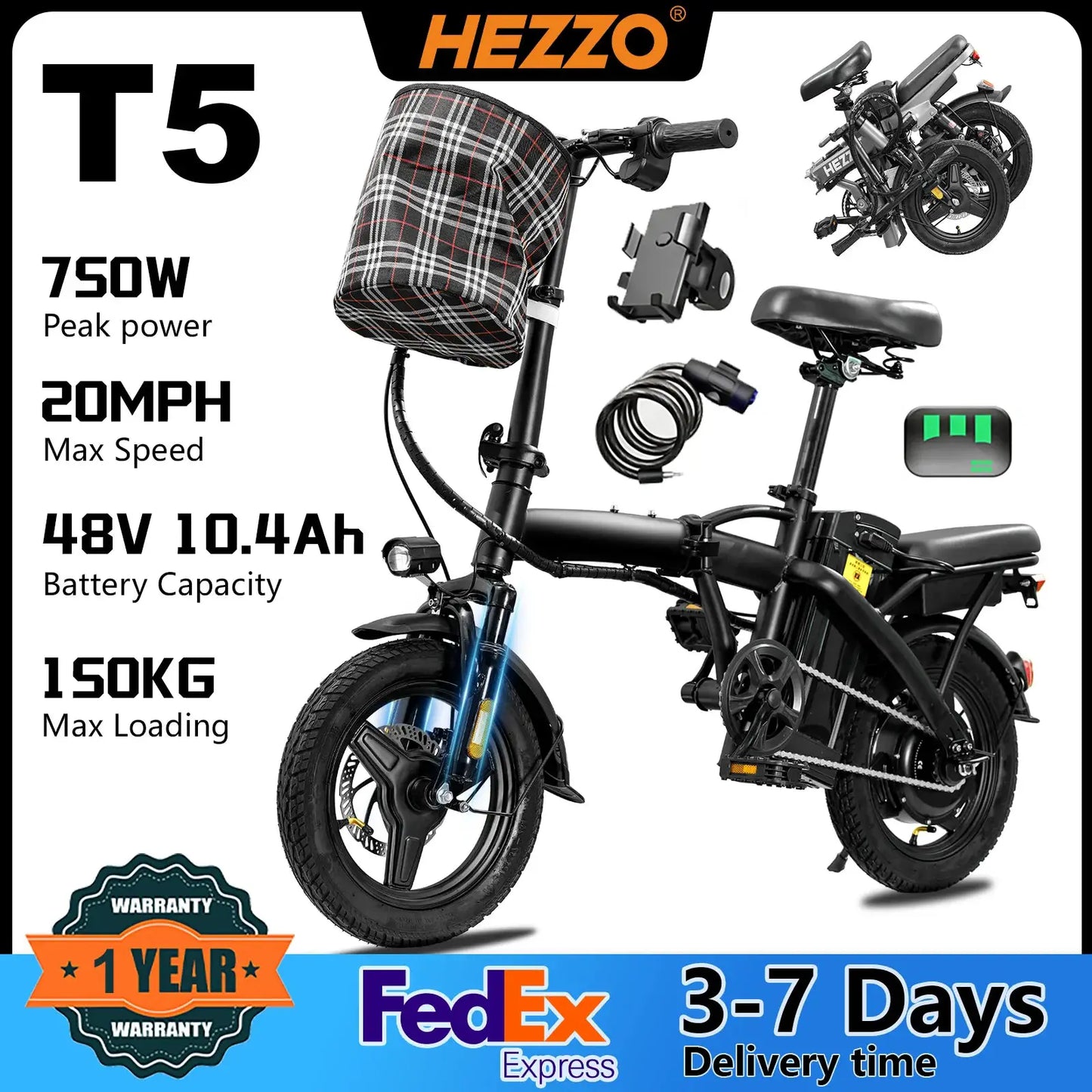 T5 Lightweight Folding Electric Bike for Adults 48V 750W Peak Power 20MPH 18-22 Miles Range 14Inch Disc Brake Commuter E-bike by Beastly Survival Outlet