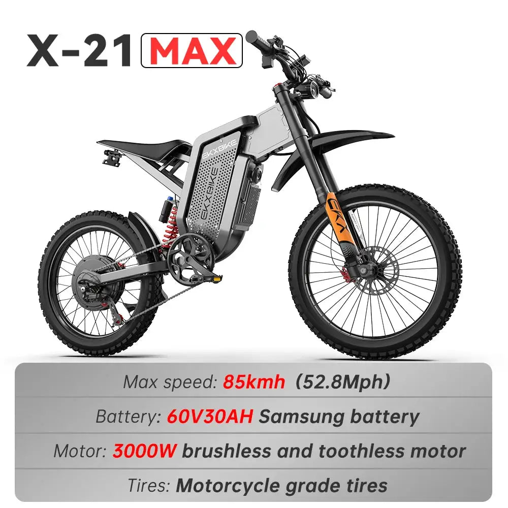 EKX X21 Max Electric Motorcycles 3000W Brushless Gearless Motors 60V30AH Lithium Battery Speed 85Kmh Adult Off Road Ebike by Beastly Survival Outlet