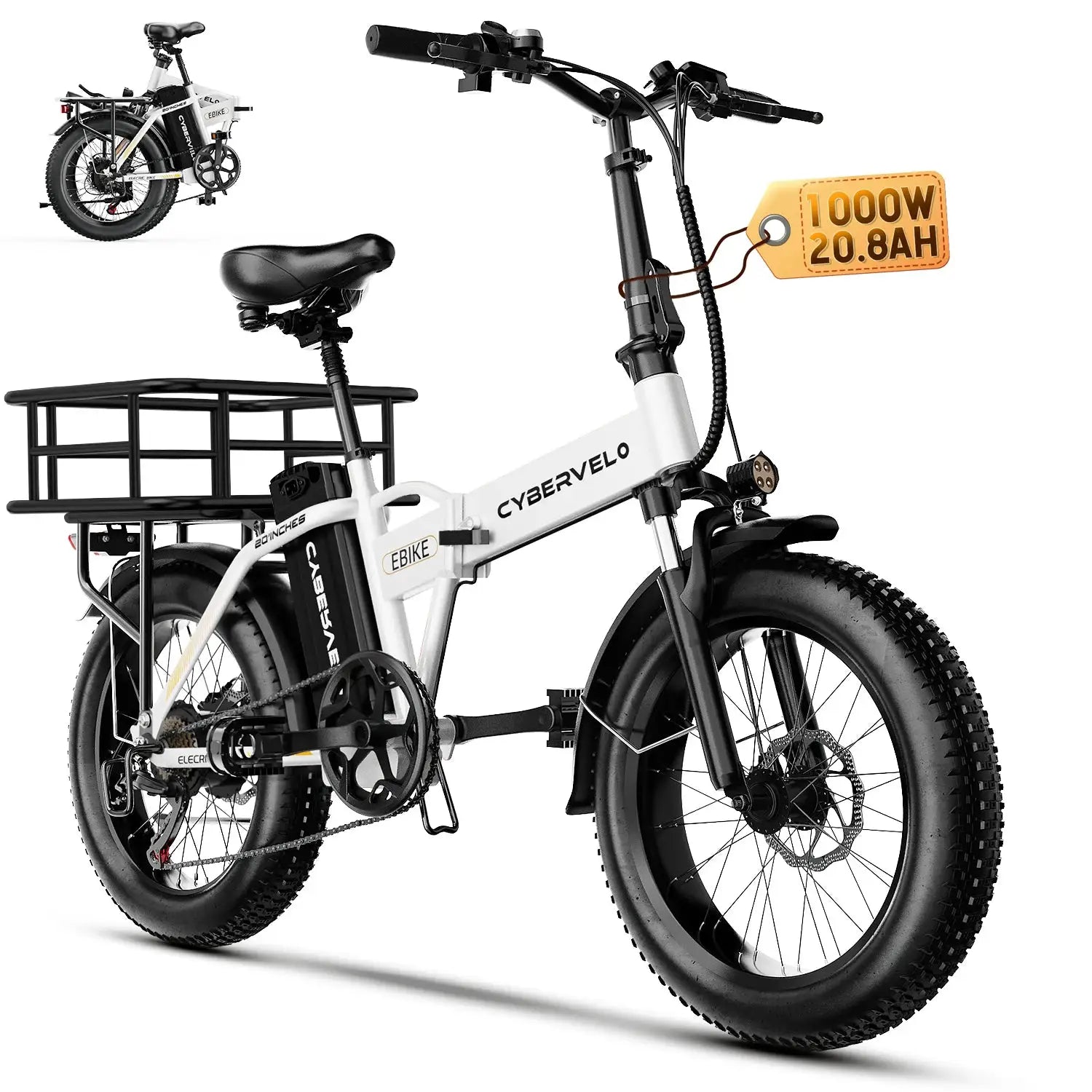 Cybervelo 1000W Peak High-speed Brushless Folding 20 Inch Fat Tire Electric Bike for Adults 48V 20.8Ah/50Ah Removable Battery 80 Miles Range Commuter E-Bicycle EK4 by Beastly Survival Outlet