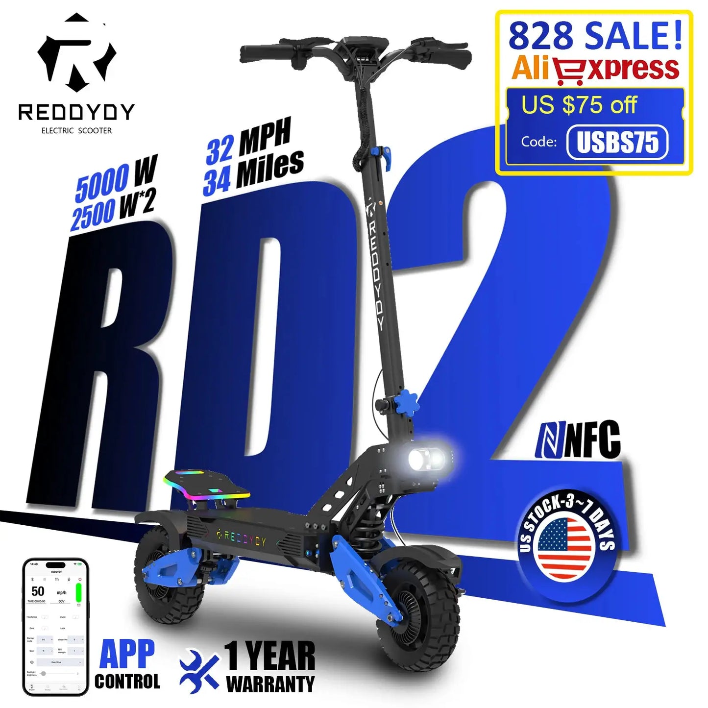 REDDYDY RD2 Electric Offroad Scooter 50MPH Max Speed 5000W Peak Dual Motors Adult Scooter 60V25Ah High Capacity Battery 55Miles Long Range 3-riding Modes 10.5" Off-Road Tires Dual Hydraulic Disc Brakes Dual Shock Absorbers NF by Beastly Survival Outlet